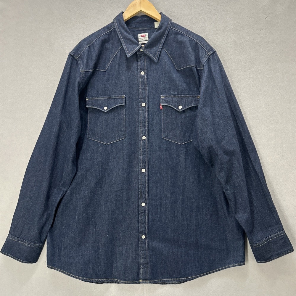 Levi's Western Shirt Men 2XLT Dark Blue Denim Pearl Snap Long Sleeve Standard